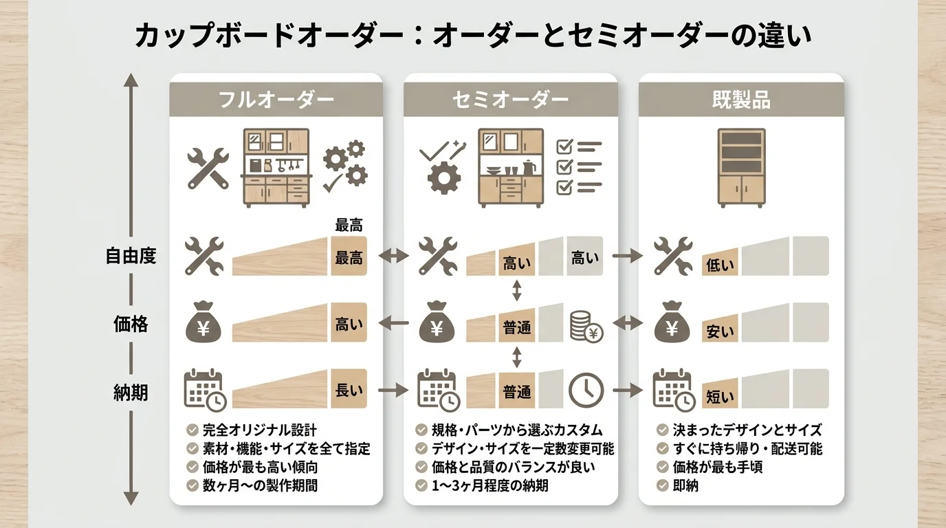 オーダーとセミオーダーの違い図解を解説した図解（カップボードオーダー）