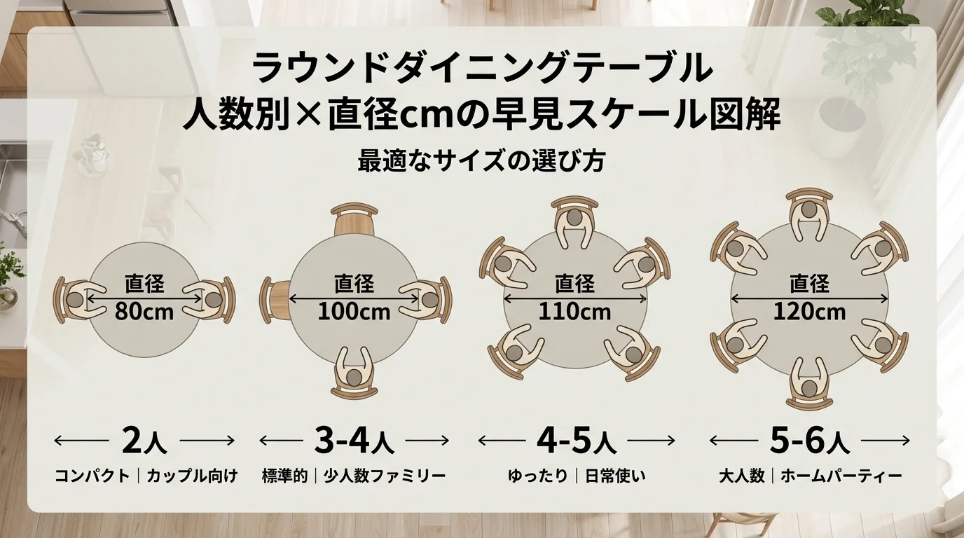 ラウンドダイニングテーブルの直径100/110/120cmと2人〜6人の組み合わせを早見表形式で示した人数別サイズガイド