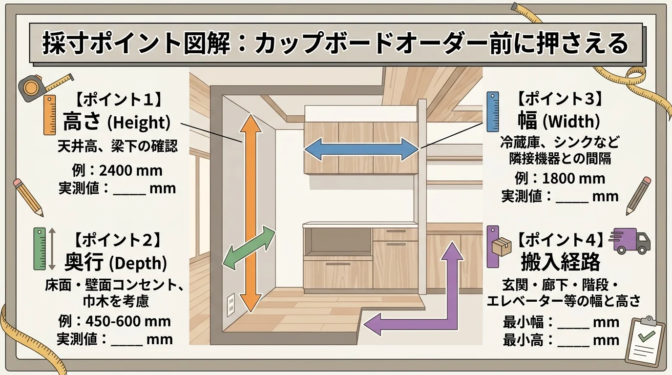 採寸ポイント図解を解説した図解（カップボードオーダー）