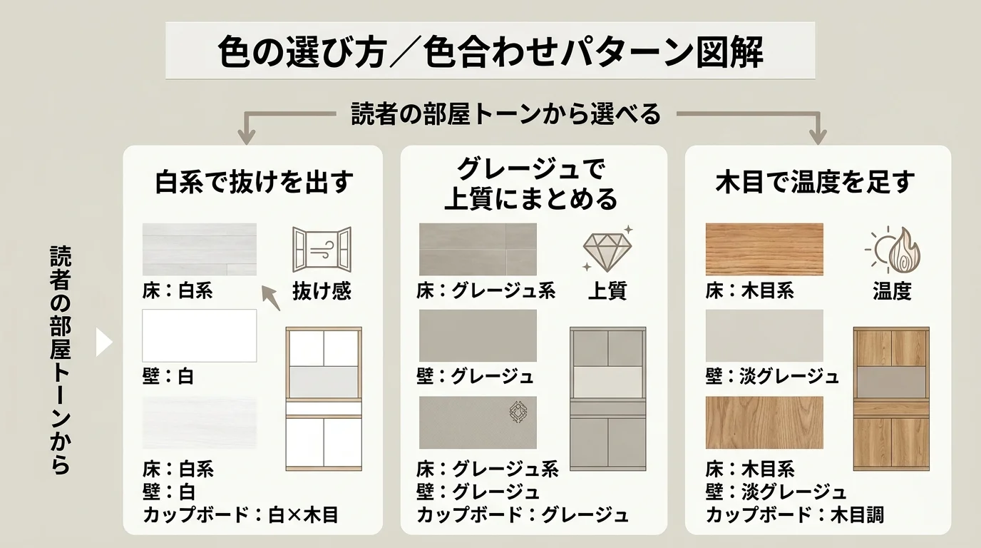 色の選び方を解説した図解(カップボードおしゃれ)