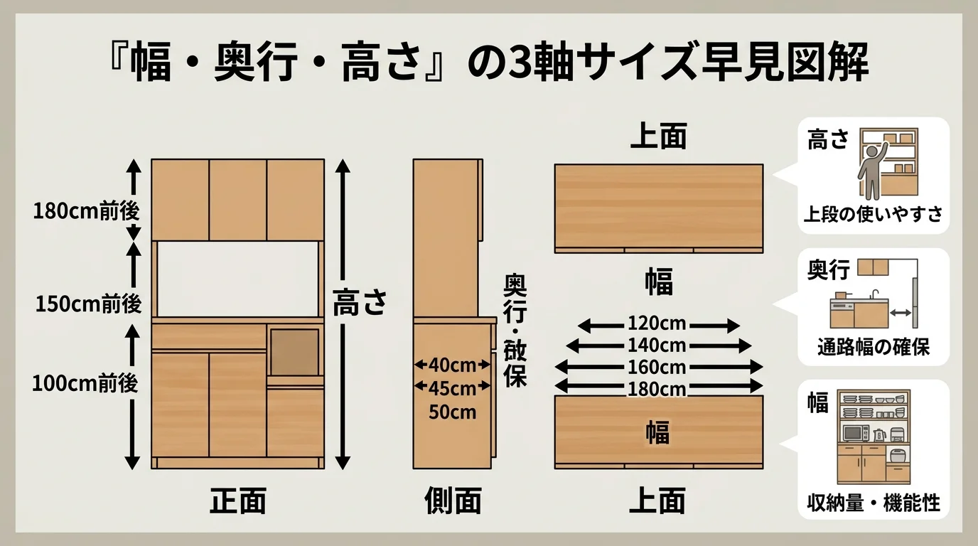 幅・奥行・高さの3軸サイズ早見図解を解説した図解(カップボードサイズ)