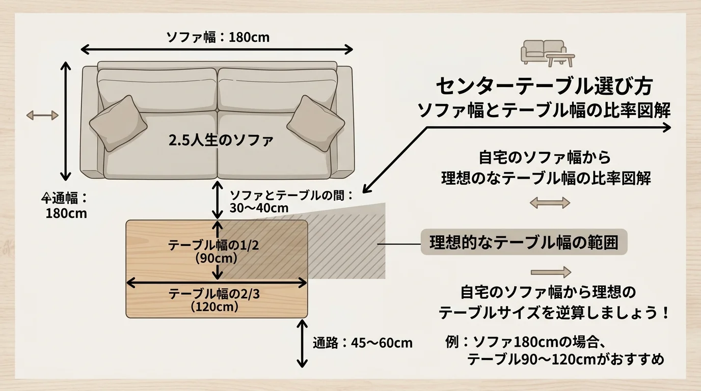 ソファ幅とテーブル幅の比率図解を解説した図解(センターテーブル選び方)
