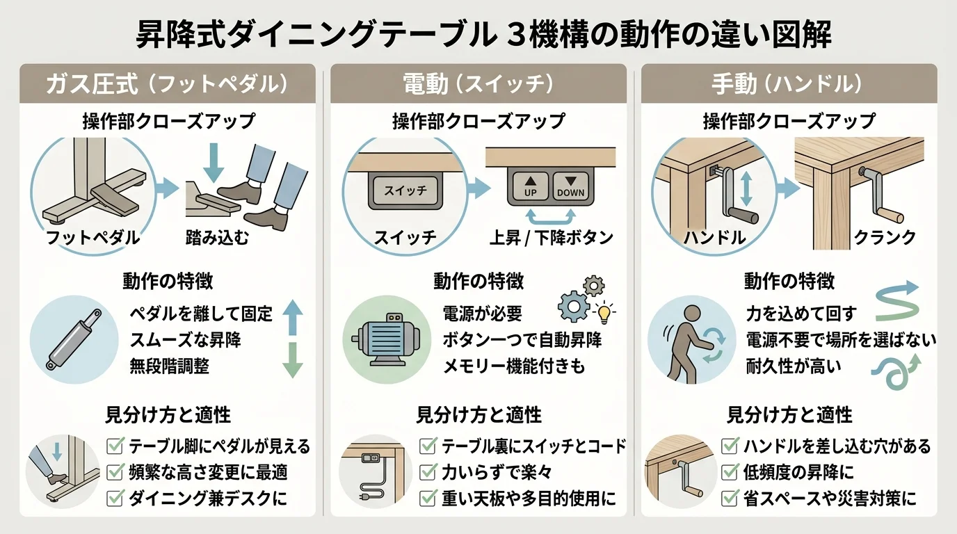 ガス圧式フットペダル・電動スイッチ・手動ハンドルの3機構の動作の違いを並べた図解