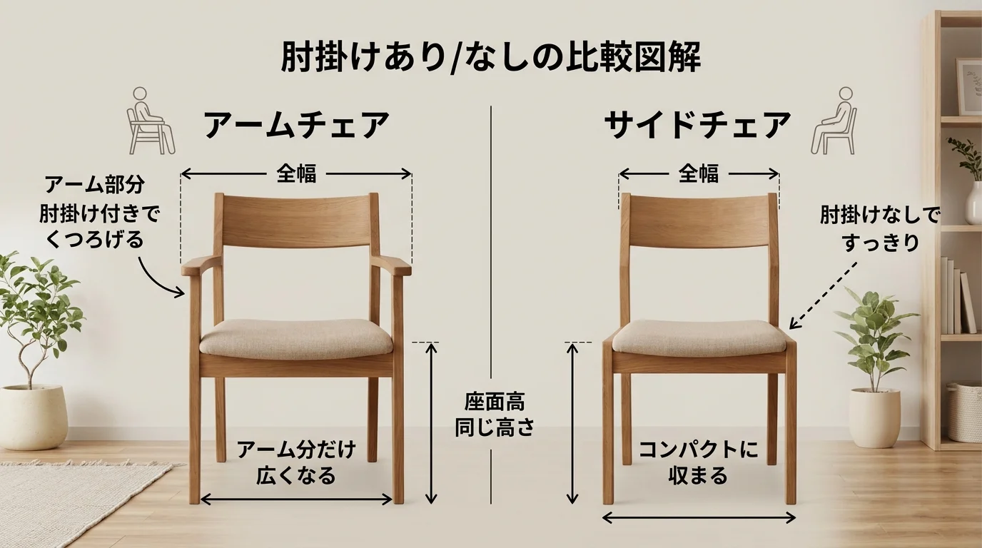肘掛けあり/なしの比較図解を解説した図解(アームチェアダイニング)