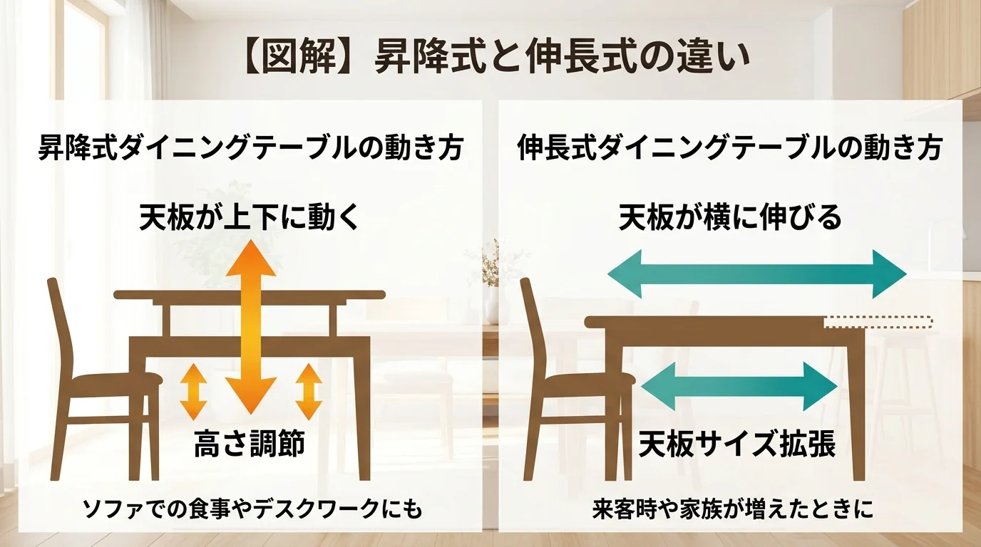 昇降式ダイニングテーブルと伸長式ダイニングテーブルの動き方の違いを縦矢印と横矢印で対比した図解