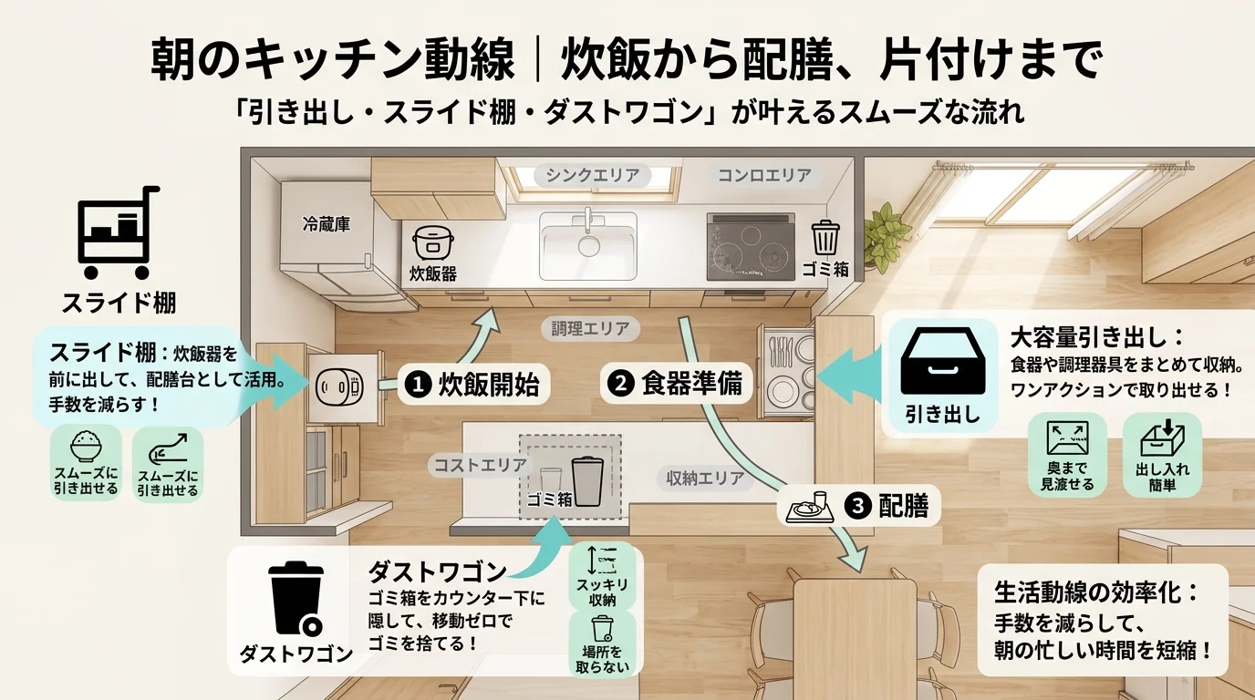 家事動線を解説した図解(キッチンカウンター引き出し)