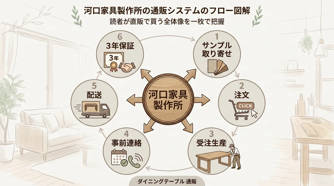 河口家具製作所の通販システム（メラミンサンプル無料取り寄せ・受注生産・3年保証・大型配送）を4ステップで視覚化した図解