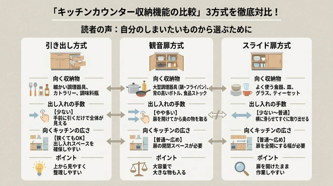 収納機能の種類比較を解説した図解(キッチンカウンター引き出し)