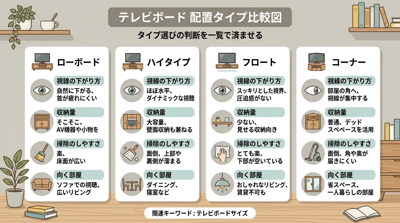 配置タイプ比較図を解説した図解(テレビボードサイズ)
