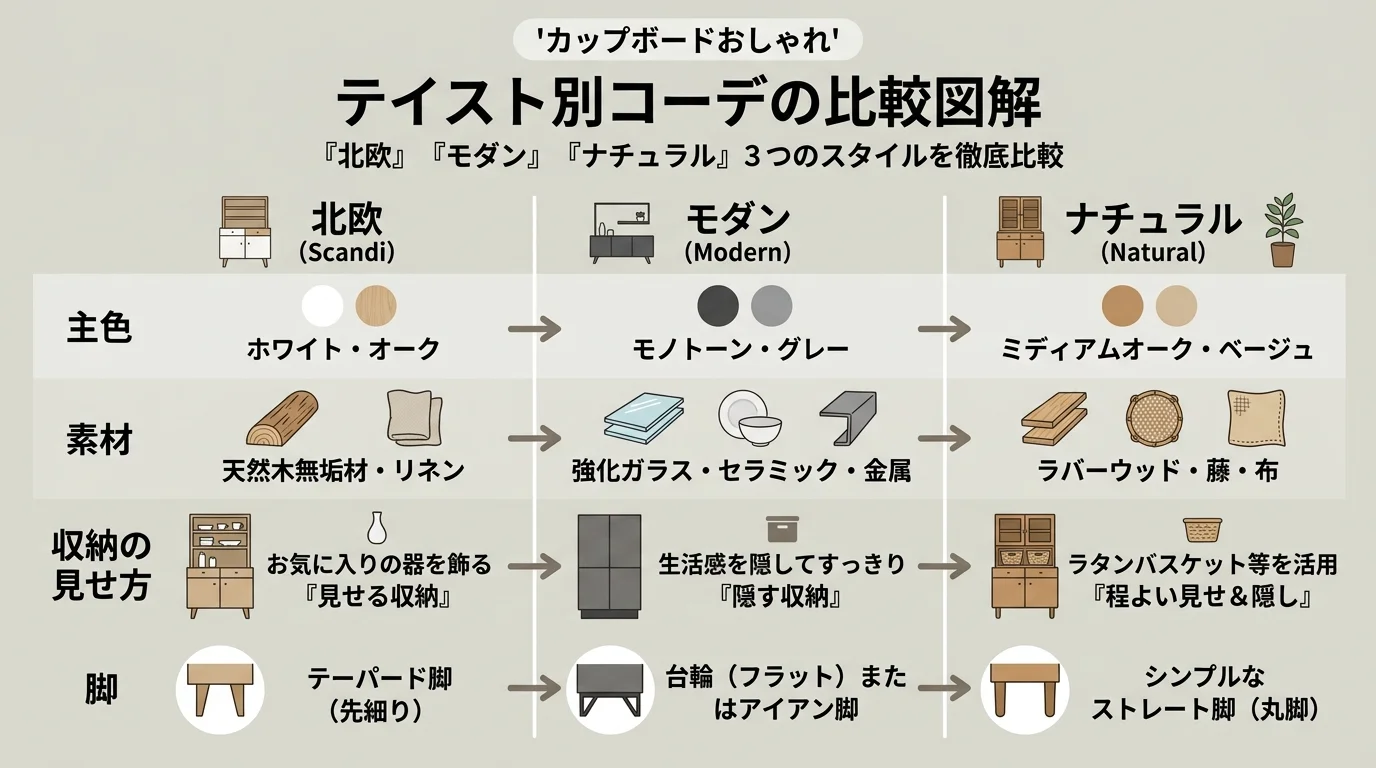 テイスト別コーデの比較図解を解説した図解(カップボードおしゃれ)