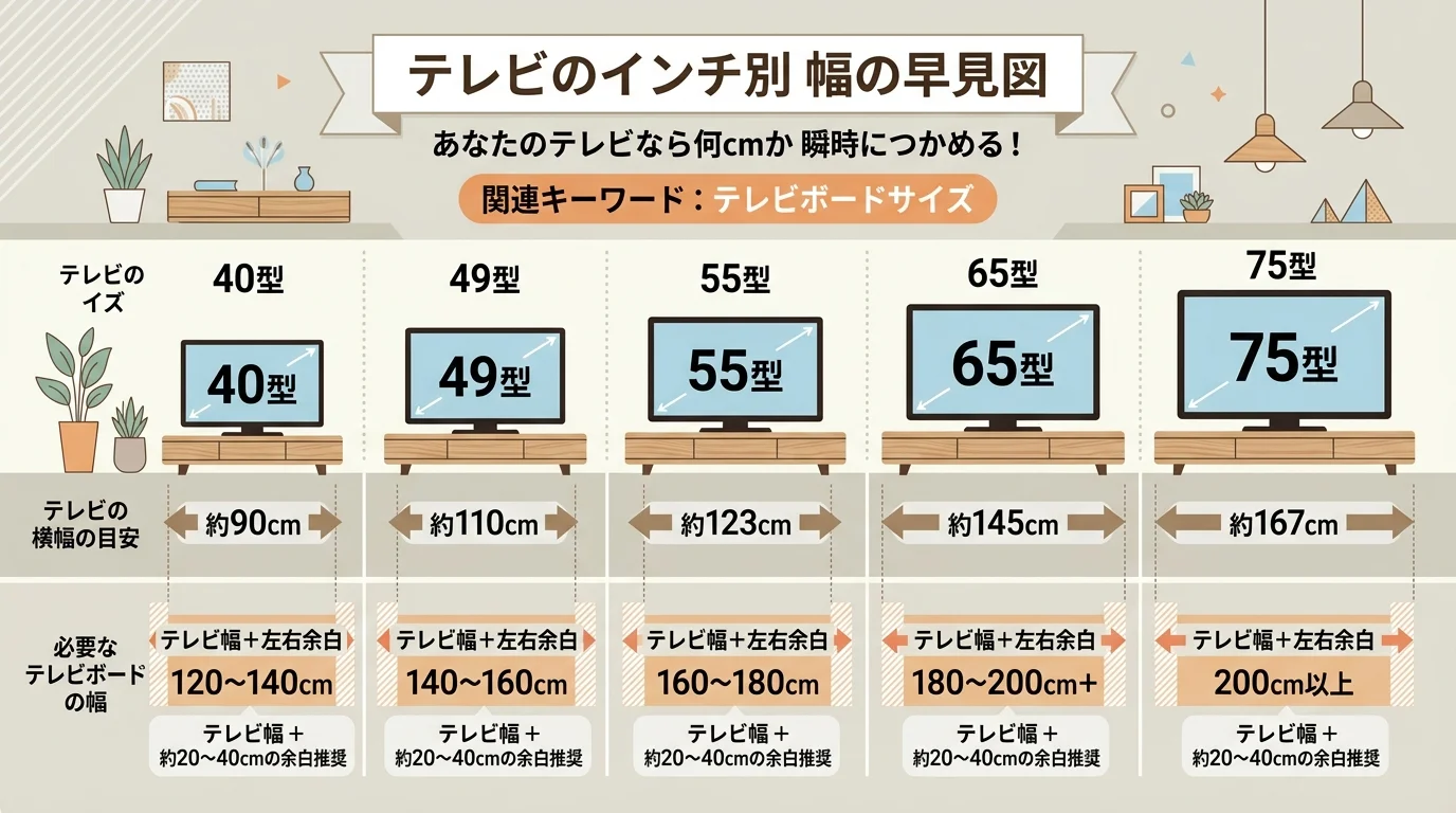 テレビのインチ別 幅の早見図を解説した図解(テレビボードサイズ)