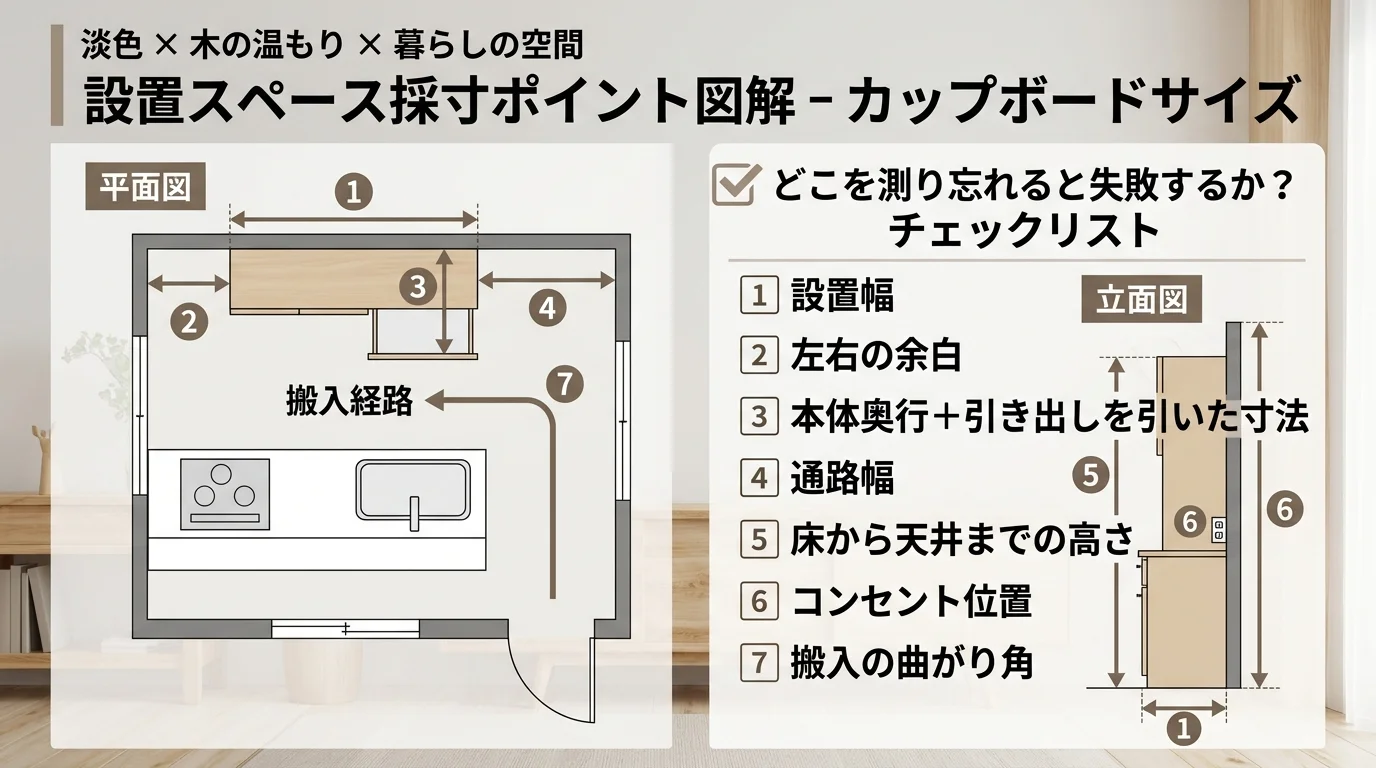 設置スペース採寸ポイント図解を解説した図解(カップボードサイズ)