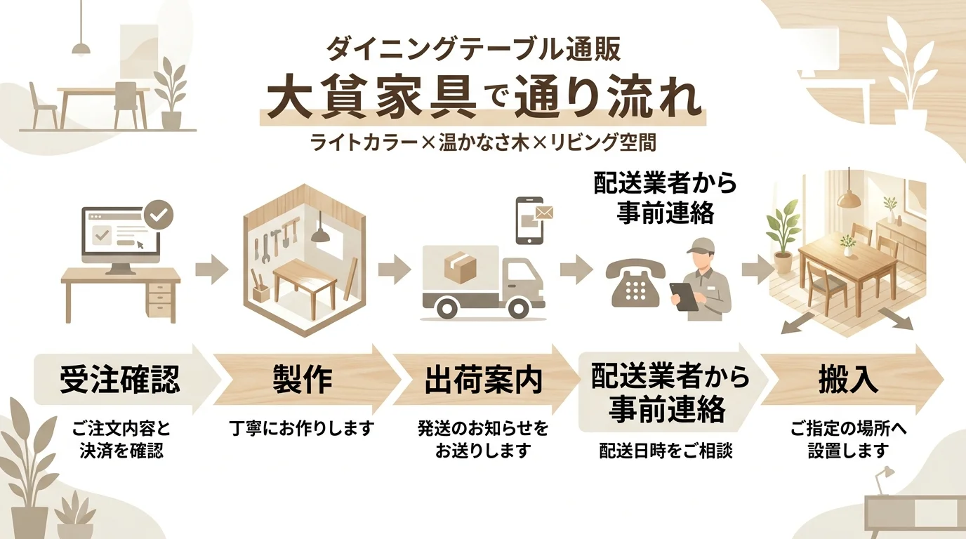 ダイニングテーブルなど大型家具を通販で買ったときの配送フロー（注文→受注生産→出荷→配送日調整→搬入）を矢印で示した工程図