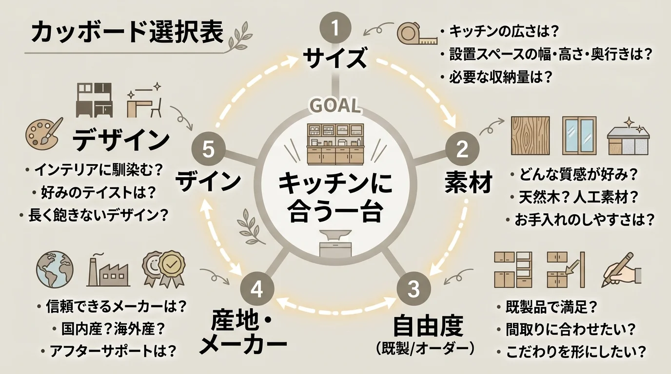 カップボード選び方の5判断軸チャートを解説した図解(カップボード違い)