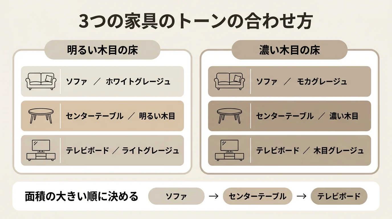 ソファ・センターテーブル・テレビボードの3家具を、明るい木目の床と濃い木目の床の2パターンでどのグレージュ・木目に合わせるか整理した図解