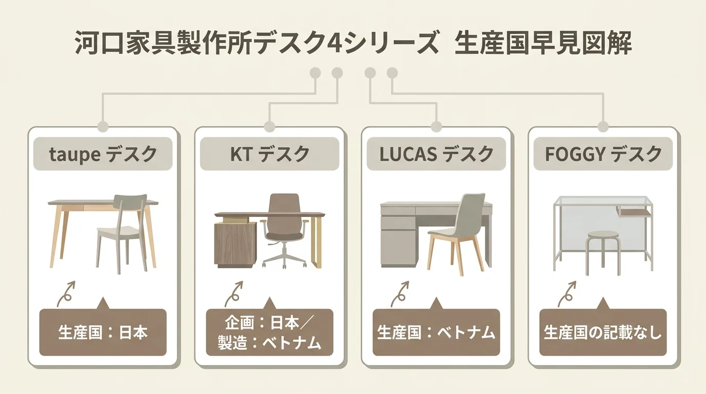 河口家具製作所のデスク4シリーズ（taupe・KT・LUCAS・FOGGY）の生産国区分早見図。taupeは日本、KTは企画日本製造ベトナム、LUCASはベトナム、FOGGYは記載なしという事実を一覧化