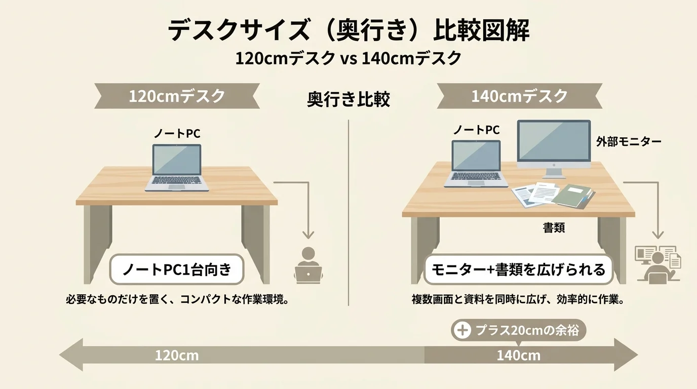 120cmデスクと140cmデスクの奥行き比較図解。ノートPC1台向きの120cmと、モニター+書類を広げられる140cmの違いを視覚化