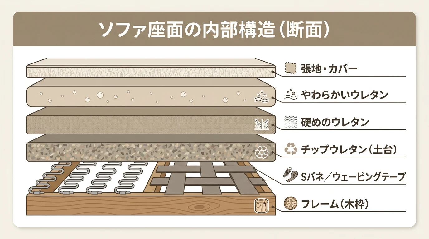 ソファ座面の内部構造を横から見た断面図解。上から張地・やわらかいウレタン・硬めのウレタン・チップウレタン・Sバネ/ウェービングテープ・木枠フレームの層を示す。ソファの選び方で中身を見極めるための図