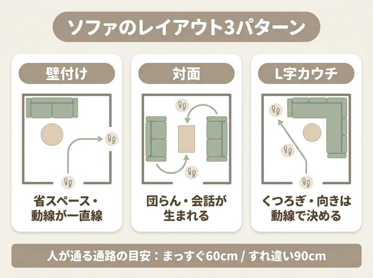 壁付け・対面・L字カウチの3つのソファレイアウトを部屋の俯瞰図で比較した図解。それぞれの動線と、まっすぐ60cm・すれ違い90cmという通路幅の目安を示す