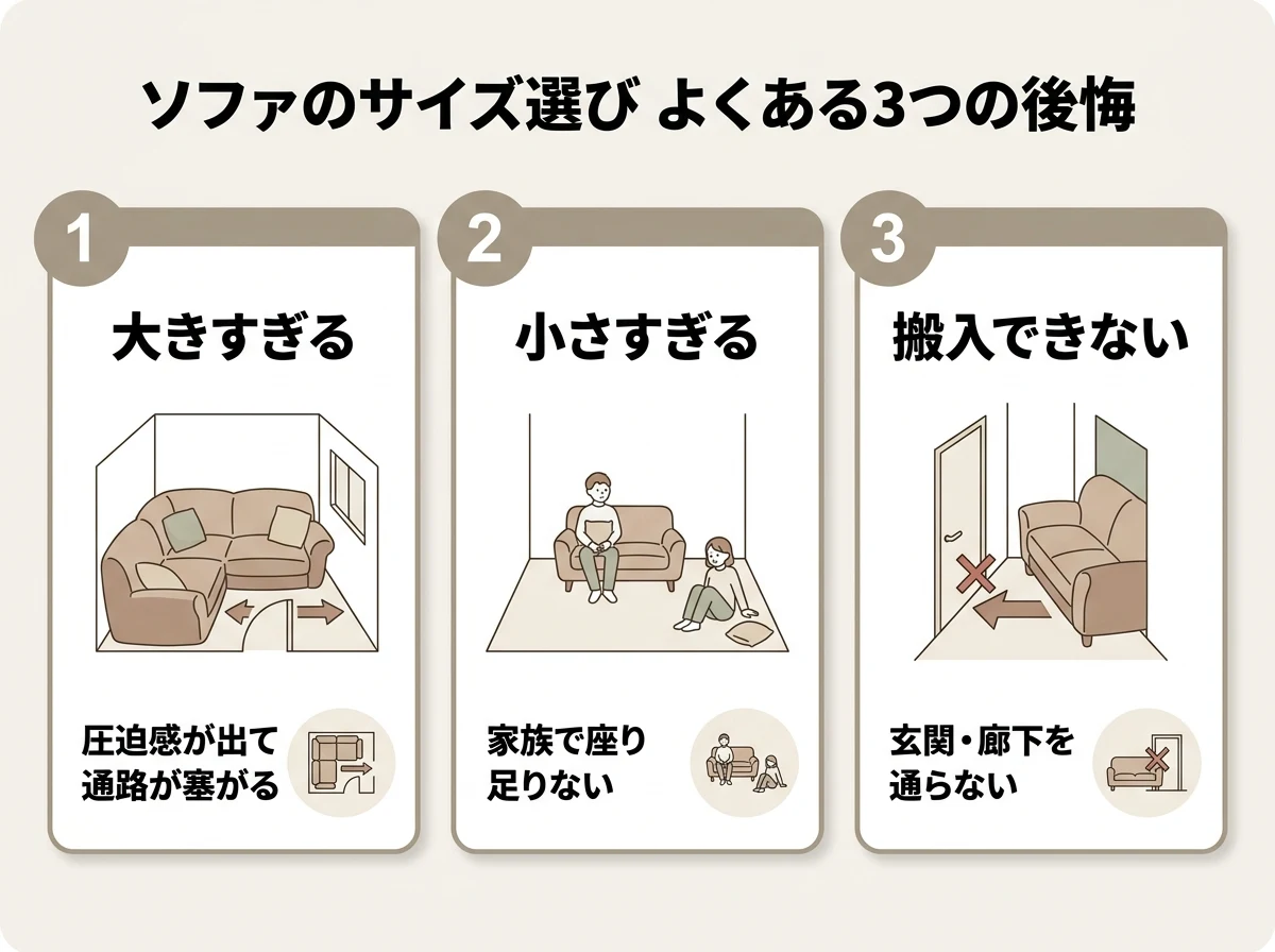 ソファのサイズ選びで後悔しやすい3パターンを対比した図解。大きすぎて圧迫感が出る・小さすぎて家族で座り足りない・搬入経路を通らない、を3つのカードで示す