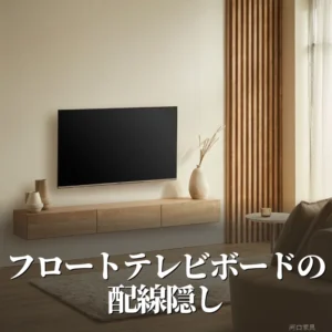 壁掛けテレビの下に取り付けたラスティオーク色のCielフロートテレビボード。壁面にコードが見えない状態でテレビとボードが並ぶリビング