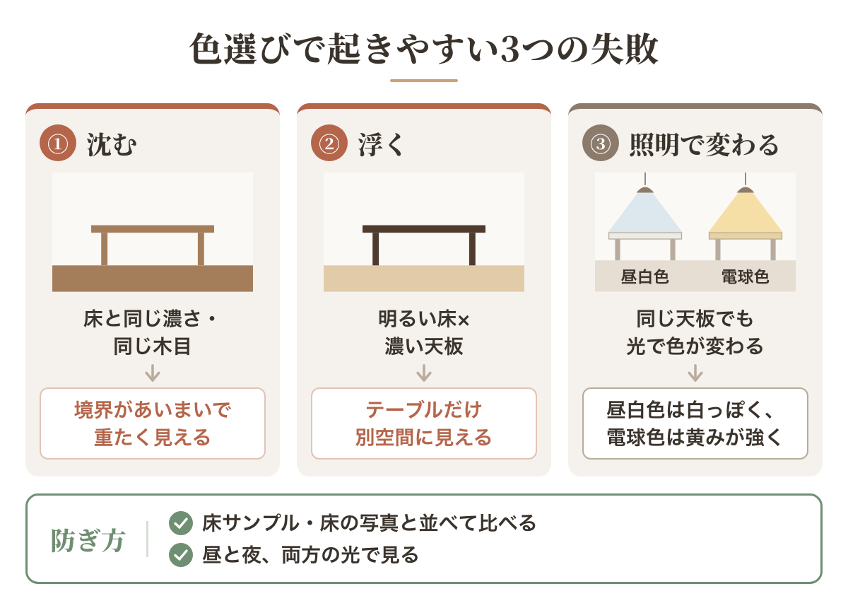 ダイニングテーブルの色でよくある3つの失敗。床と同じ濃さで沈む、明るい床に濃い天板で浮く、昼白色と電球色の照明で天板の見え方が変わる