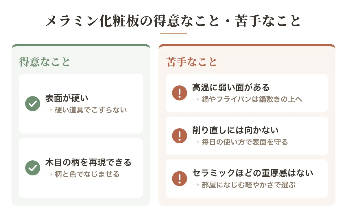 メラミン化粧板の得意なことと苦手なこと。表面の硬さと木目の再現が得意で、高温に弱い面があること、削り直しに向かないこと、セラミックほどの重厚感がないことが苦手