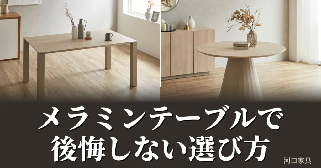 FOGGYのメラミン天板ダイニングテーブルとラウンドテーブルの写真に「メラミンテーブルで後悔しない選び方」と記したアイキャッチ